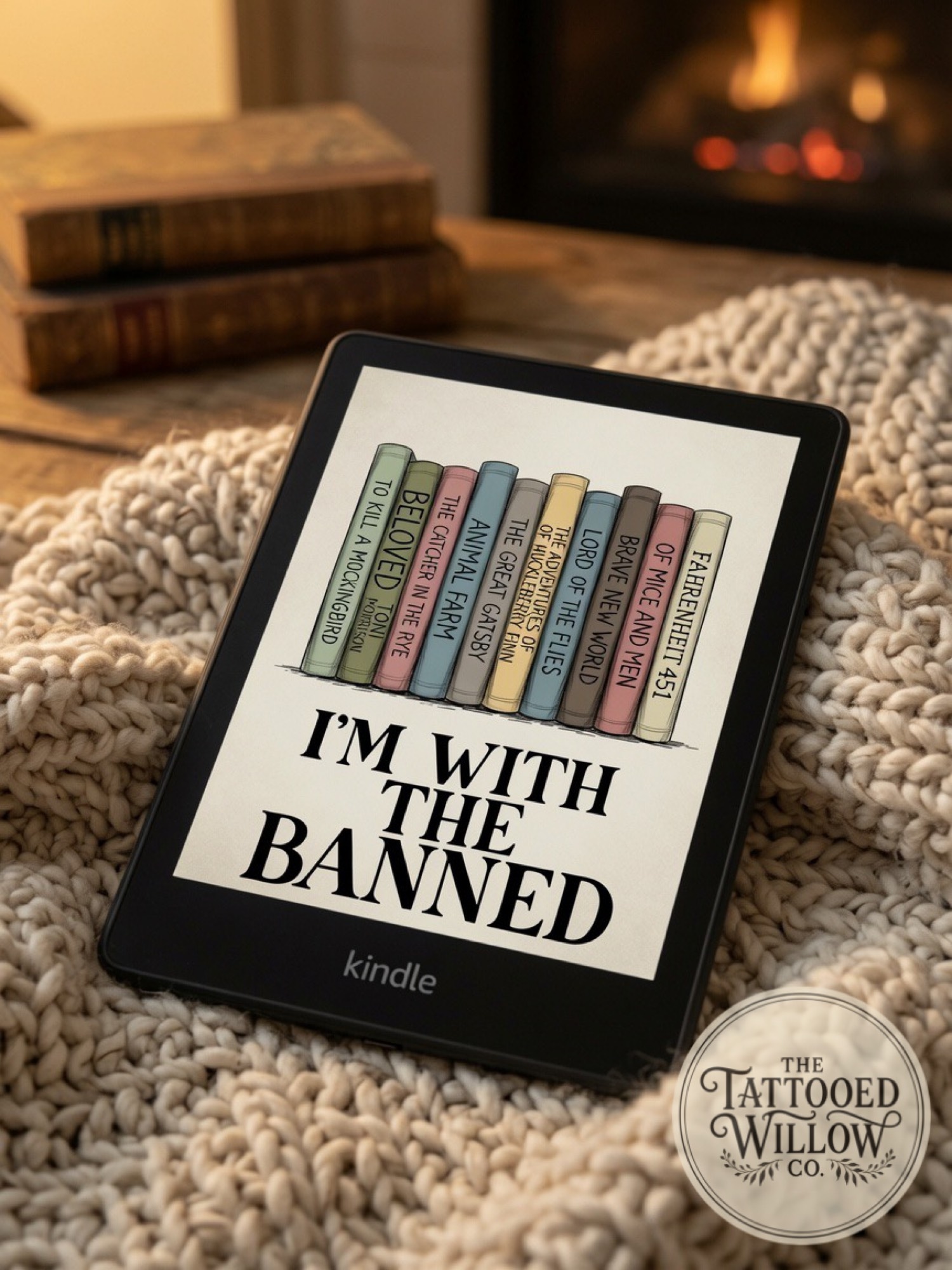 Banned Books cozy fireplace view