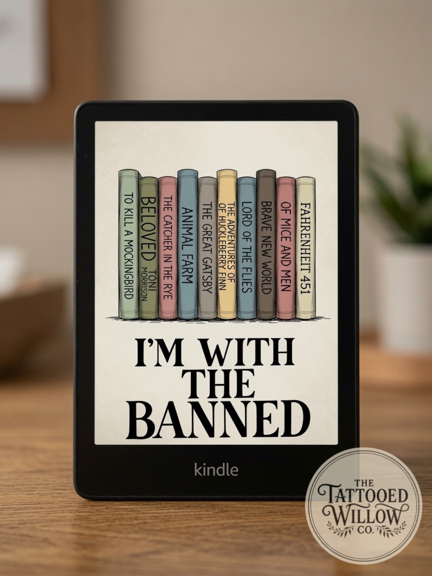 Banned Books standing on wood
